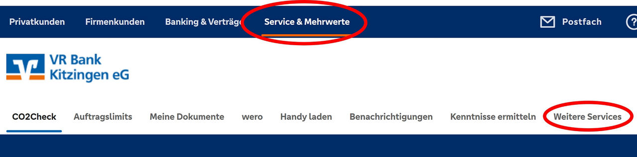 Klicken Sie auf "Weitere Services" (oben rechts, eingekreist) im Untermenü.