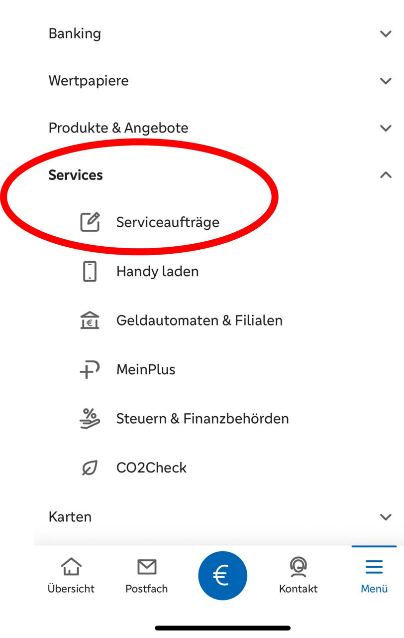 Klicken Sie unter "Services" auf "Serviceaufträge" (eingekreist) im Untermenü.