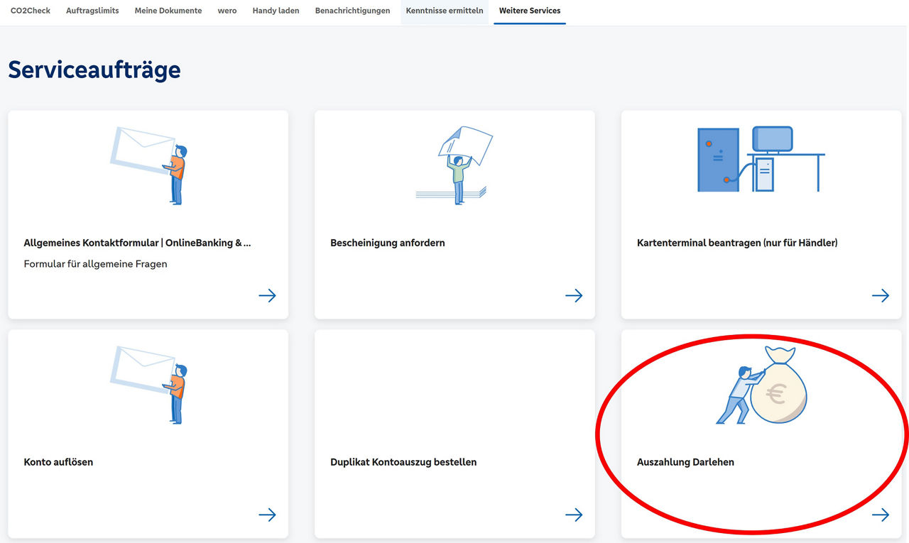Klicken Sie auf "Auszahlung Darlehen" (2. Zeile, rechts, eingekreist), um den Service zu starten.
