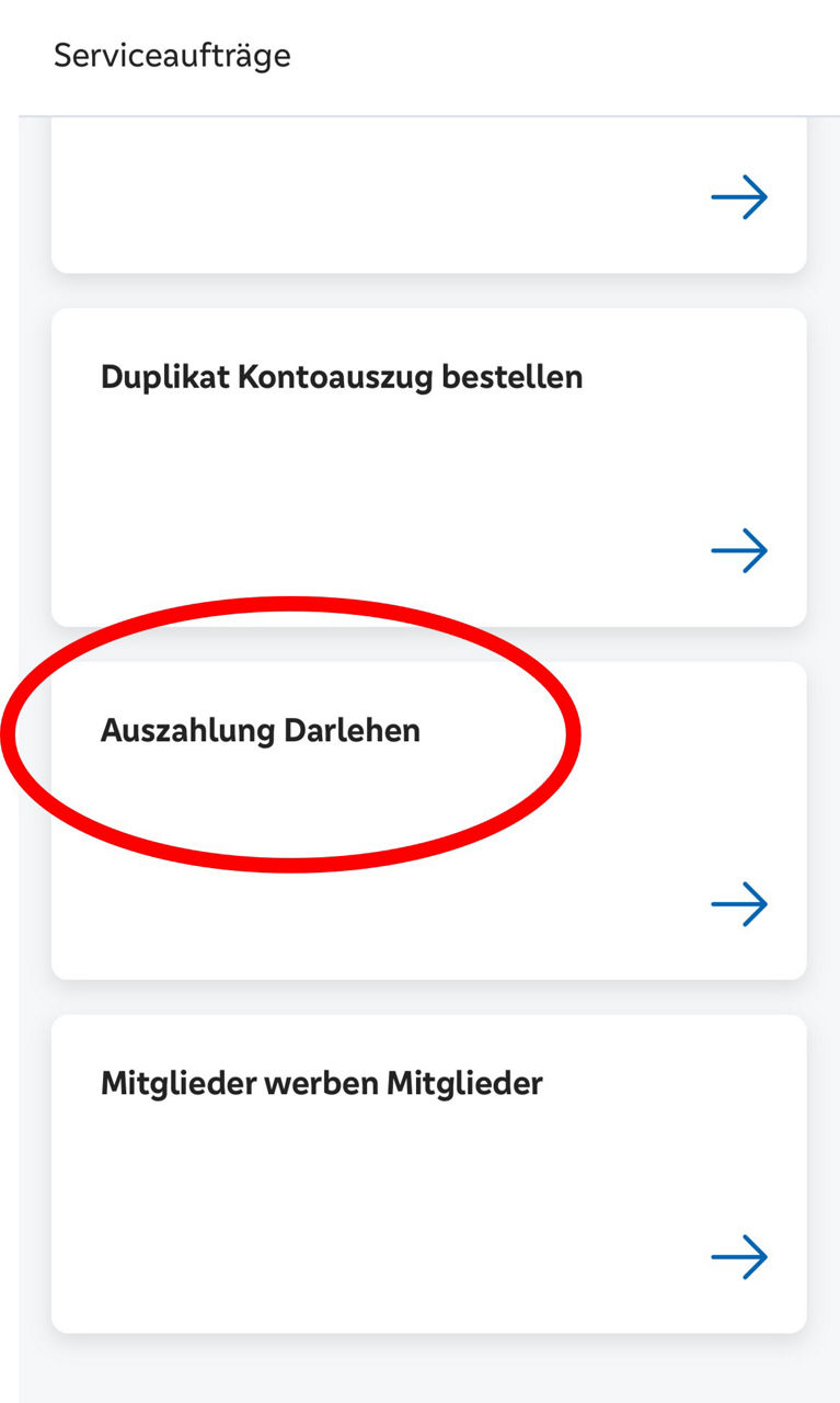 Klicken Sie auf "Auszahlung Darlehen" (6. Service von oben, eingekreist), um den Service zu starten.