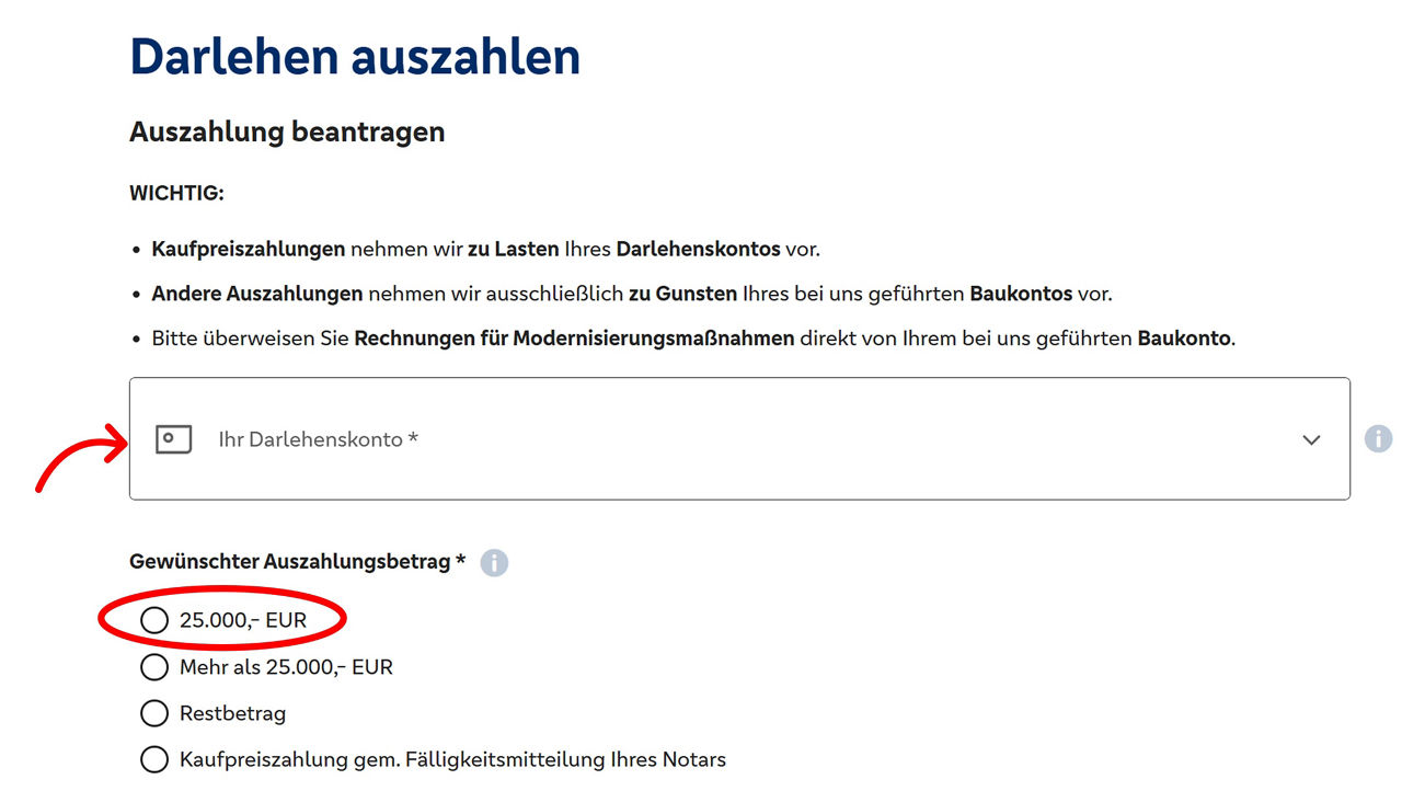 Wählen Sie Ihr Darlehenskonto aus und den gewünschten Auszahlungsbetrag aus.