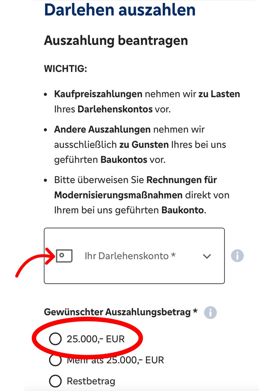 Wählen Sie Ihr Darlehenskonto aus und den gewünschten Auszahlungsbetrag aus.
