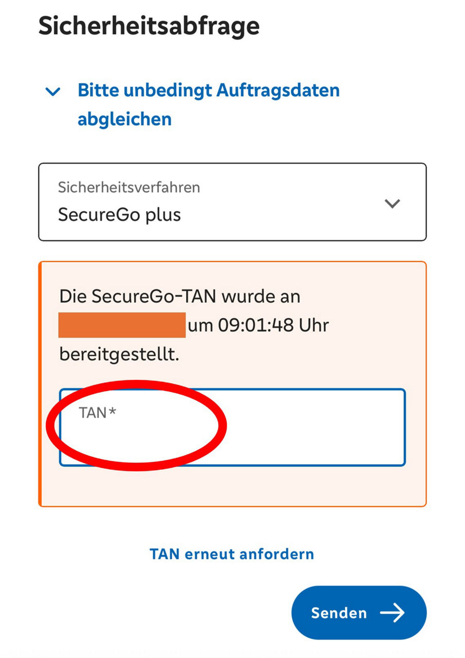 Es öffnet sich ein Fenster zur TAN-Eingabe. Hier muss die TAN der SecureGo Plus App eingegeben werden.