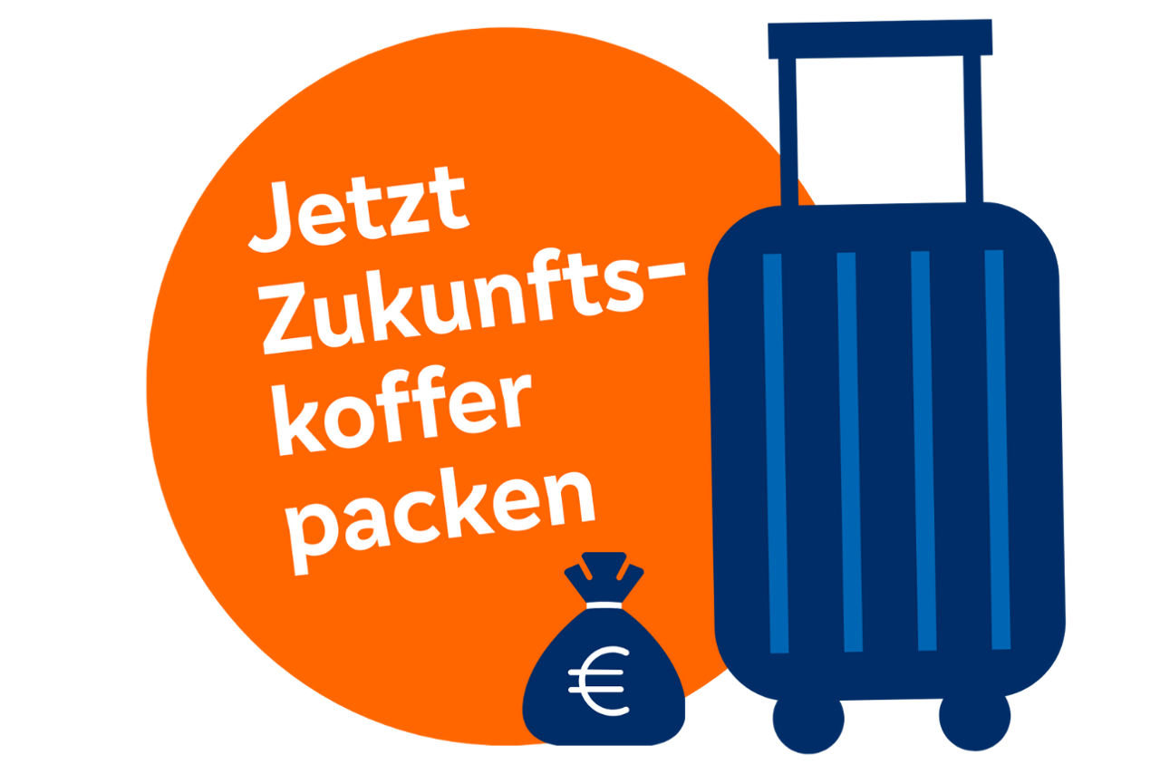 Illustration zeigt Koffer und einen Geldsack.