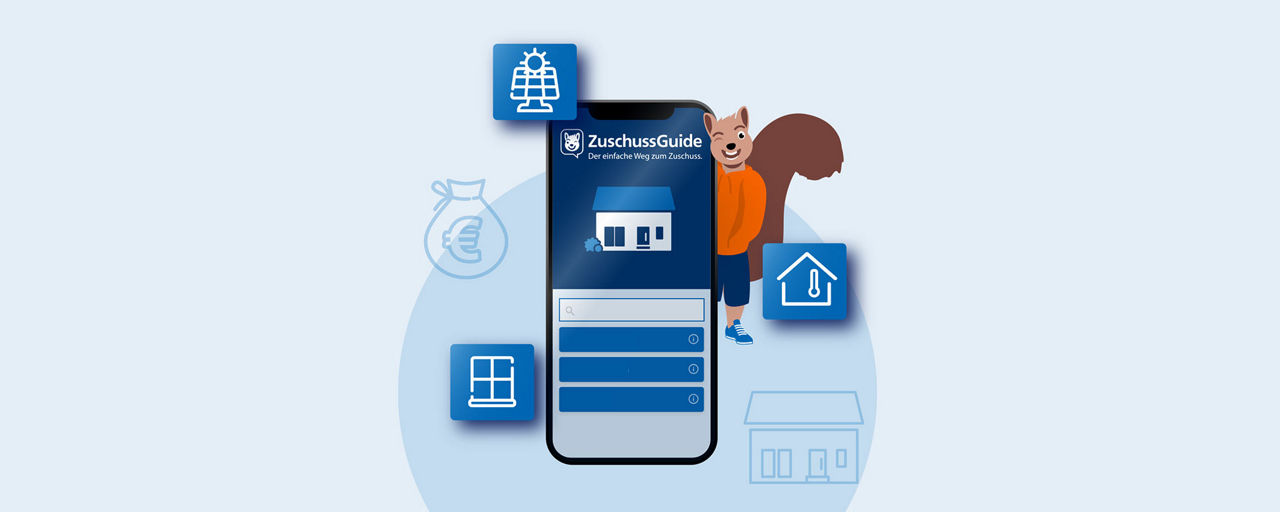 Illustration mit Smartphone-App „ZuschussGuide“, Eichhörnchen und Icons zu Sanierungsthemen.