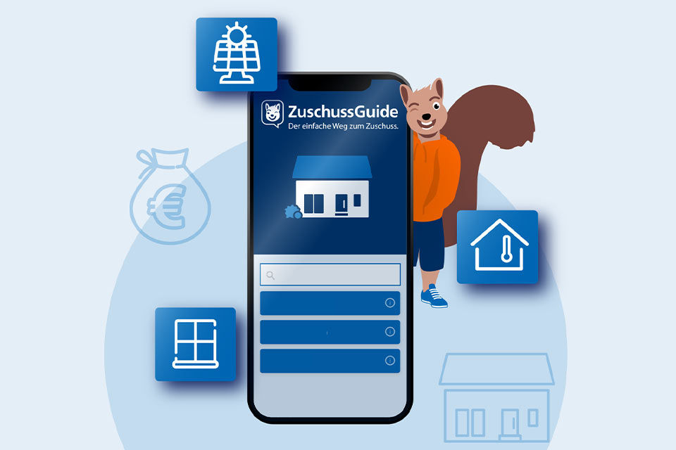 Illustration mit Smartphone-App „ZuschussGuide“, Eichhörnchen und Icons zu Sanierungsthemen.