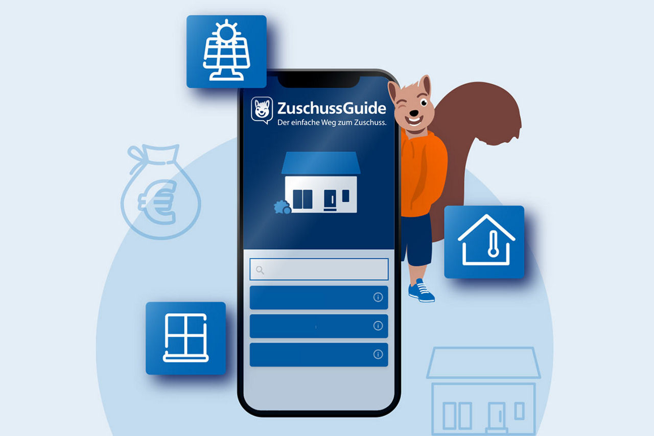 Illustration mit Smartphone-App „ZuschussGuide“, Eichhörnchen und Icons zu Sanierungsthemen.