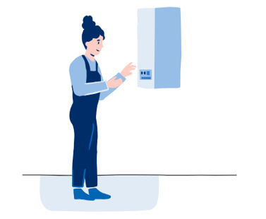 Illustration einer Person in Arbeitskleidung, die eine Heizung bedient oder überprüft