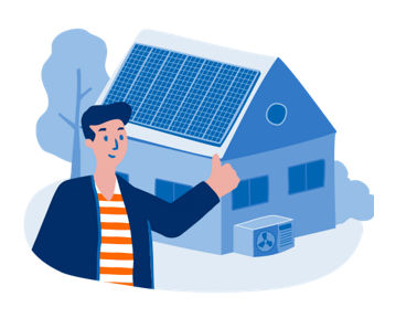 Illustration eines Mannes mit "Daumen-hoch"-Geste vor einem Haus mit Solarpanels auf dem Dach